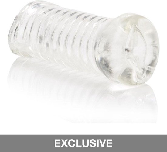 Transparante vibrator met ribbeltextuur aan de buitenkant en een getextureerde binnenkant.