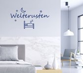 Stickerheld - Muursticker Slaap lekker met bed - Slaapkamer - Droom zacht - Sterren en maan - Nederlandse Teksten - Mat Donkerblauw - 41.3x75.2cm