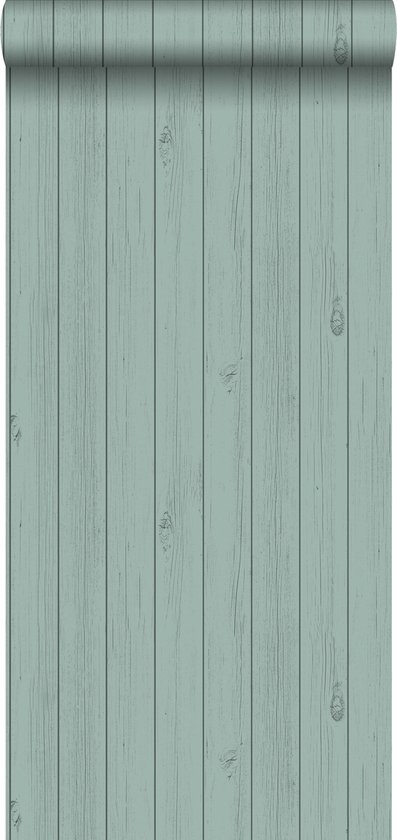 krijtverf vliesbehang smalle houten sloophout planken vergrijsd zee groen - 128852 van ESTAhome