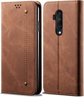Voor OnePlus 7T Pro Denim Textuur Casual Stijl Horizontaal Flip Leren Tas met Houder & Kaartsleuven & Portemonnee (Bruin)