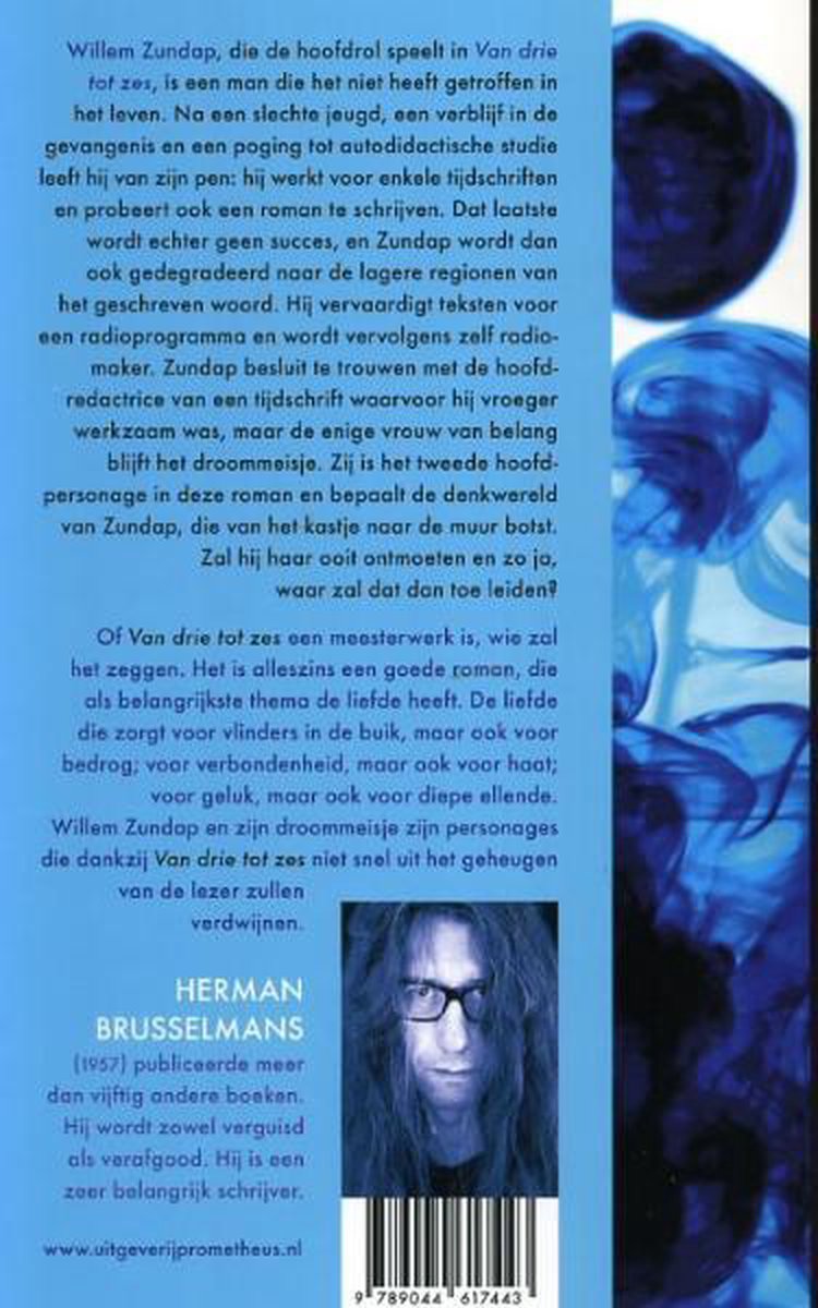 Achterkant van het boek 'Van drie tot zes' met foto van Herman Brusselmans en tekst.