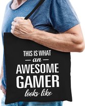 Awesome / geweldige gamer cadeau katoenen tas zwart voor heren - kado tas / tasje / shopper