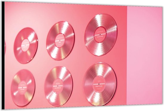 Dibond –Roze LP’s aan de Muur– 120x80 Foto op Aluminium (Met Ophangsysteem)