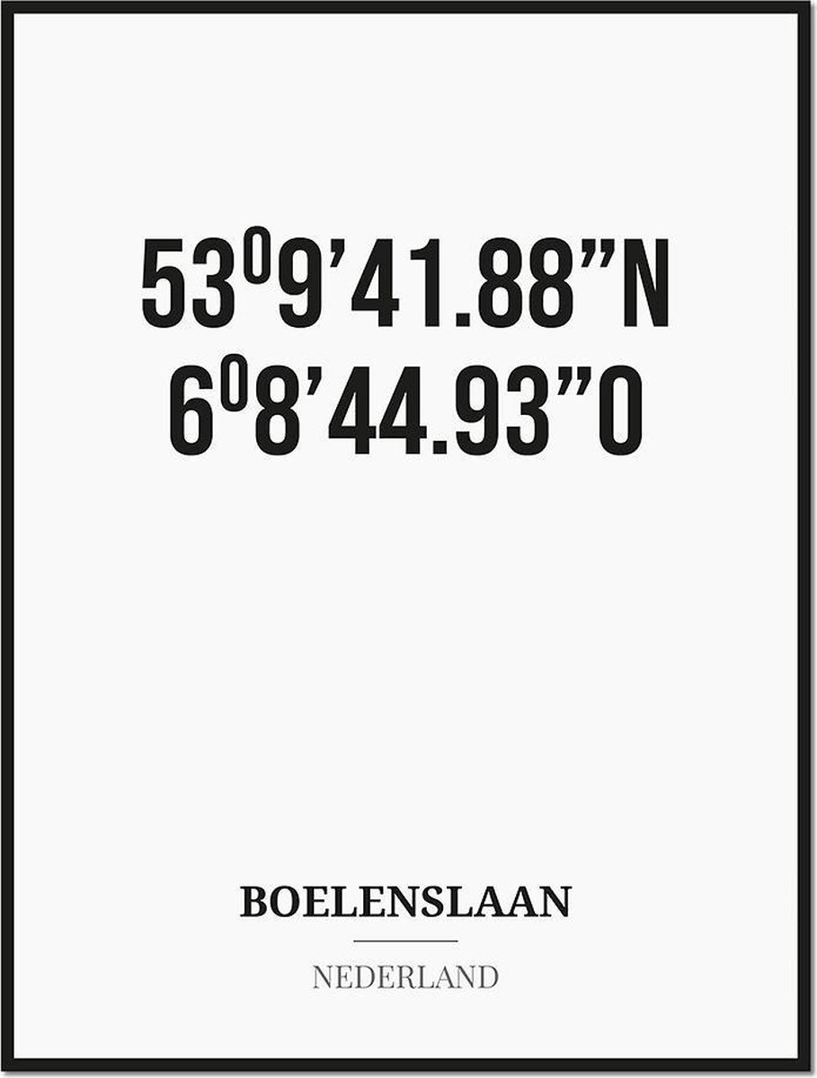 Studio216 Poster/kaart BOELENSLAAN met coördinaten zwart, wit