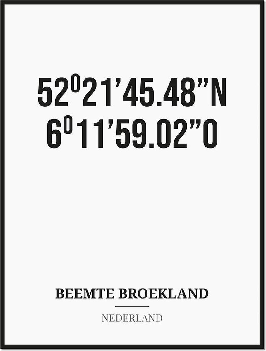 Studio216 Poster/kaart BEEMTE BROEKLAND met coördinaten zwart, wit