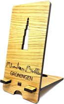 Skyline Telefoonhouder Groningen Eikenhout - Smartphone Tablet Houder 7x15 cm - iPad / iPhone / Smartphone tafel standaard desktop - Thuis werken - Cadeau - WoodWideCities