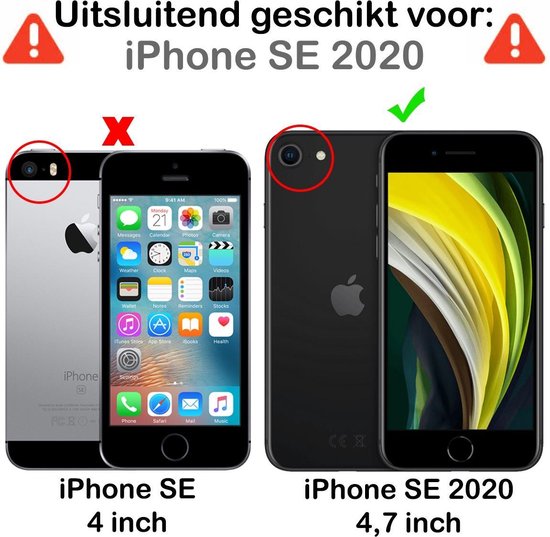 Vergelijking van iPhone SE (4 inch) met rode kruis en iPhone SE 2020 (4,7 inch) met groene vink, toont verschillen in cameramodule.