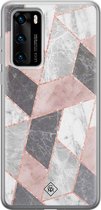 Huawei P40 hoesje siliconen - Stone grid marmer | Huawei P40 case | Roze | TPU backcover transparant