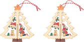 2x Kerstboomdecoratie houten kerstbomen met kerstman 10 cm - kerstboomversiering - kerstdecoratie