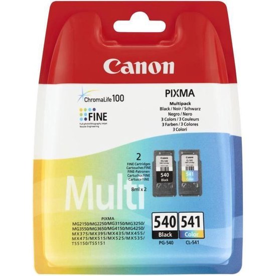 Canon Pixma multipack met 2 inktcartridges: PG-540 Zwart en CL-541 Kleur. Voor diverse Pixma printers.