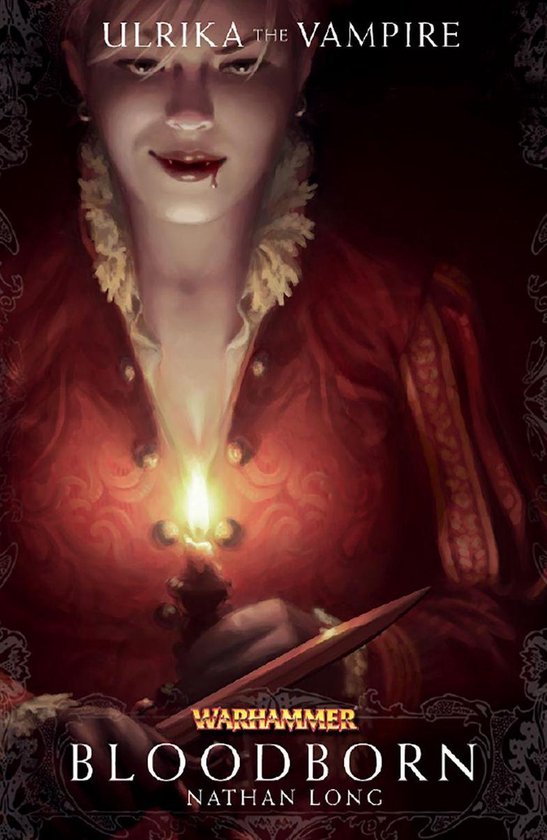 Ulrika de vampier, met bloed op haar lip en een kandelaar in haar hand. Titel: Bloodborn door Nathan Long.