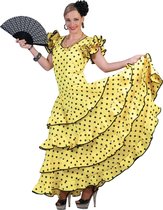 Funny Fashion - Spaans & Mexicaans Kostuum - Ole Ole Lange Gele Flamencojurk Vrouw - Geel - Maat 32-34 - Carnavalskleding - Verkleedkleding