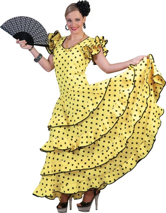 Funny Fashion - Spaans & Mexicaans Kostuum - Ole Ole Lange Gele Flamencojurk Vrouw - Geel - Maat 32-34 - Carnavalskleding - Verkleedkleding