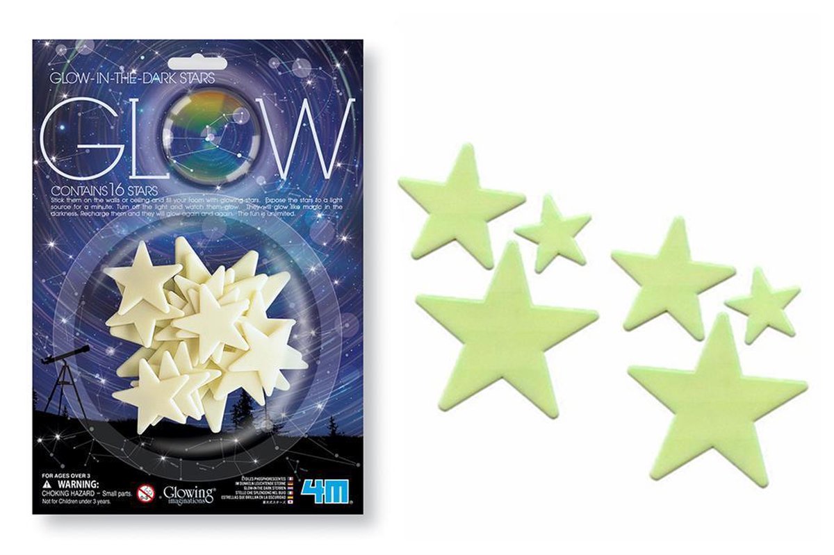 4M glow in the dark stickers - sterren - 3 formaten - 16 stuks - muurdecoratie kids - 3+ afbeelding