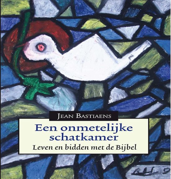 Abstracte tekening van een witte vogel op een gekleurde achtergrond, met de titel "Een onmetelijke schatkamer".