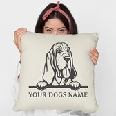 Sierkussen - Bloodhound Met Je Eigen Naam - Wit - 45 Cm X 45 Cm