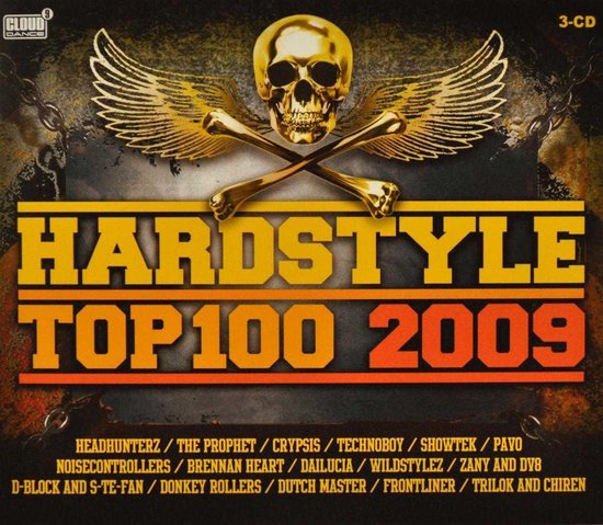 Cd-box Hardstyle Top 100 2009 met gouden schedel en vleugels op een roestige achtergrond.