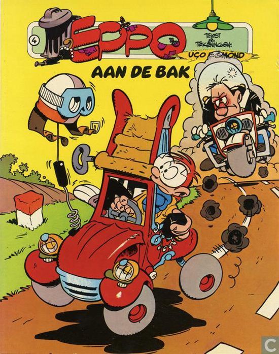 Stripcover Eppo nr. 4 'Aan de bak' met een rode auto en twee op de motor.