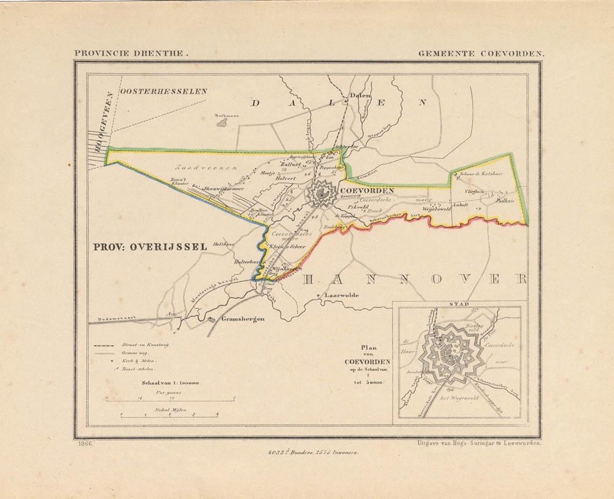 Historische kaart, plattegrond van gemeente Coevorden in Drenthe uit 1866 door Kuyper...