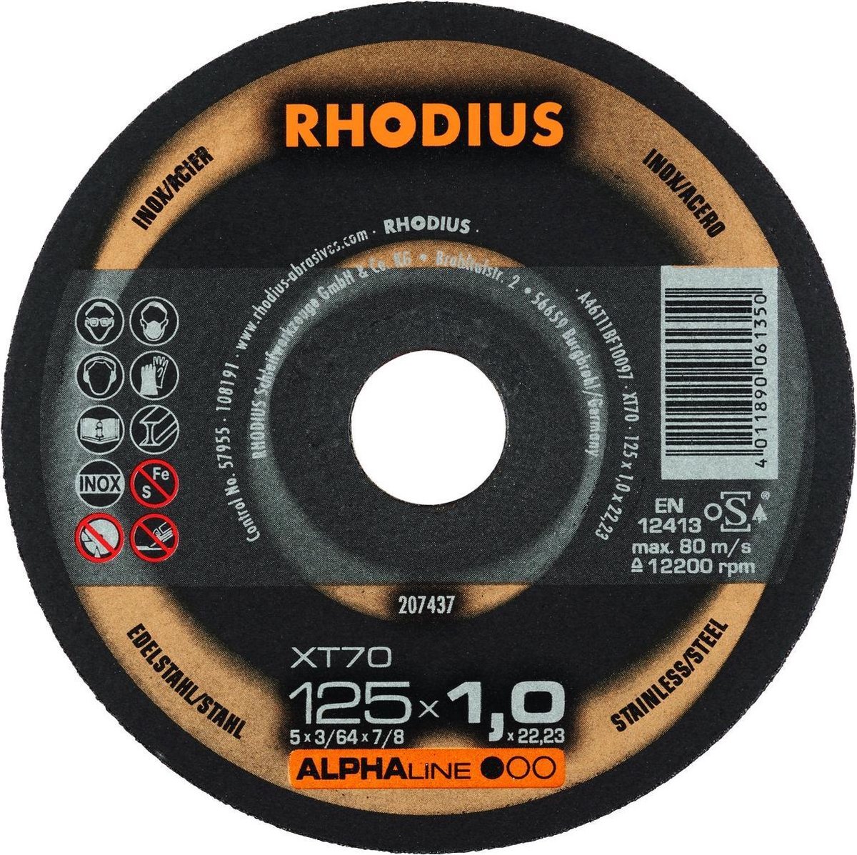 Rhodius ALPHALine I XT70 Doorslijpschijf - Extra dun - 125 x 22,23 x 1mm - RVS/Staal