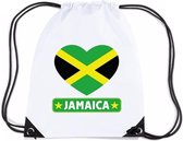 Jamaica nylon rijgkoord rugzak/ sporttas wit met Jamaicaanse vlag in hart