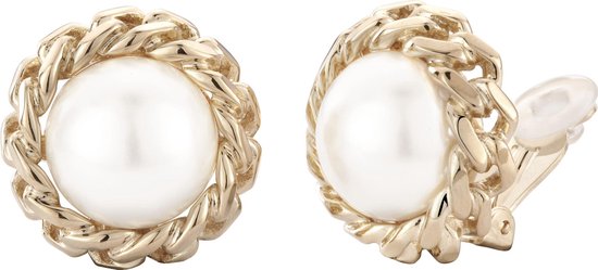 Clips d'oreille Traveler - avec perle en cristal Swarovski blanc 16 mm - plaqué or 22 carats - # 113445