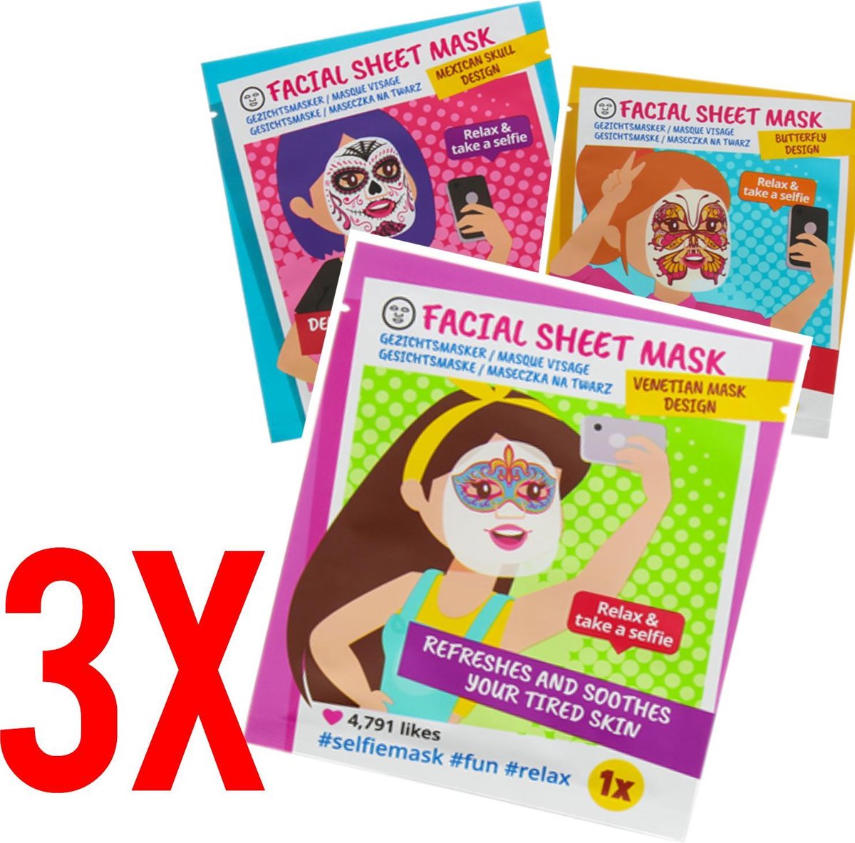 3X Selfie Mask | Sheet mask | gezichtsmasker | Gezichtsverzorging | Gezicht hydratatie | Huidverzorging | Anti uitdroging voor gezicht Verfrissend en herstellend | Anti vermoeidheid | - SelfieMasker