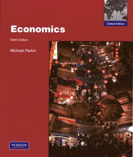 Economie, negende editie, door Michael Parkin. Met afbeelding van een drukke Aziatische marktplaats met lantaarns en paraplu's.
