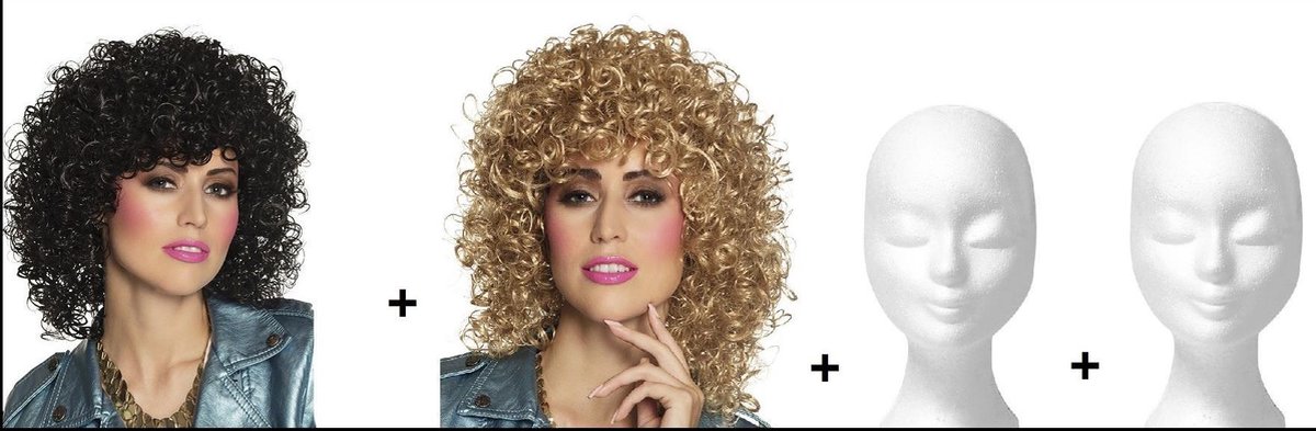 2x Pruik met krullen Club zwart en blond en 2x Pruikenhouder