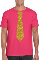 Roze fun t-shirt met stropdas in glitter goud heren S