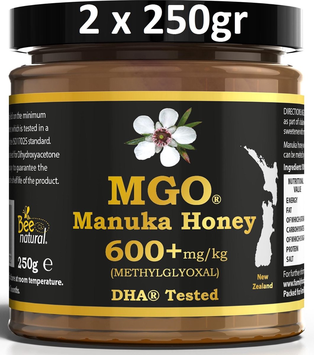 MANUKA HONING MGO® 600+ 500gr (= 2 x 250gr) / BEE NATURAL MANUKAHONING IN EEN ECHT... MANUKA HONING MGO® 600+ 500gr (= 2 x 250gr) / BEE NATURAL MANUKAHONING IN EEN ECHT...