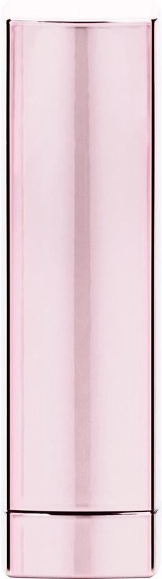 Gesloten roze metallic lipstick huls met witte accenten.