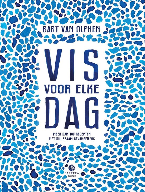 Boek 'Vis voor elke dag' met Bart van Olphen en recepten. Blauw mozaïek.
