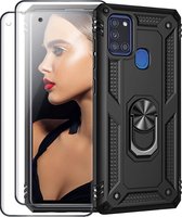 Telefoonhoesje Geschikt voor: Samsung Galaxy M21 hoesje Schokbestendige ring armor met 2X volledige schermdekking Screenprotector zwart