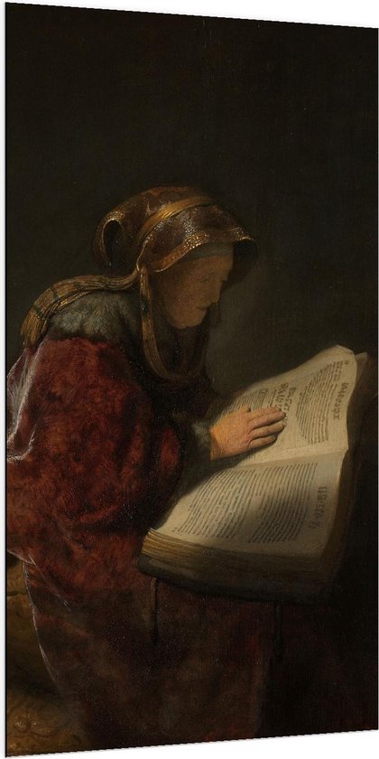 Dibond - Oude meesters - Oude lezende vrouw, Rembrandt van Rijn, 1631 - 100x200cm Foto op Aluminium (Wanddecoratie van metaal)