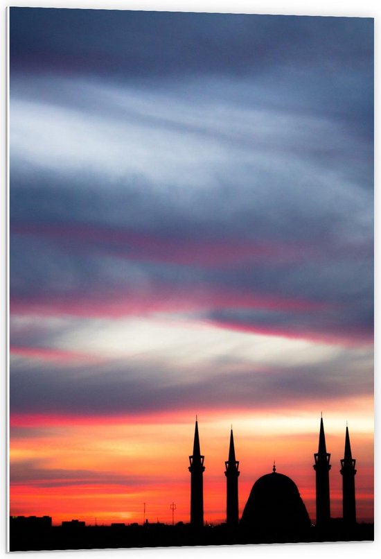 Forex - Silhouet Moskee bij Zonsondergang - 60x90cm Foto op Forex