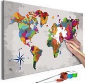 Doe-het-zelf op canvas schilderen - Wereldkaart Kompas 60x40 ,  Europese kwaliteit, cadeau idee