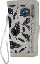 HEM Apple iPhone XR White Feathers / Book Case / Boekhoesje/ Telefoonhoesje / Hoesje Apple iPhone XR met pasjesflip en rits voor kleingeld