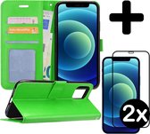 Hoes voor iPhone 12 Mini Hoesje Book Case Met 2x Screenprotector Full Cover 3D Tempered Glass - Hoes voor iPhone 12 Mini Hoes Wallet Cover Met 2x 3D Screenprotector - Groen