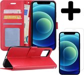 Hoesje Geschikt voor iPhone 12 Pro Hoesje Book Case Hoes Portemonnee Cover Walletcase Met Screenprotector - Hoes Geschikt voor iPhone 12 Pro Hoes Bookcase Hoesje - Rood