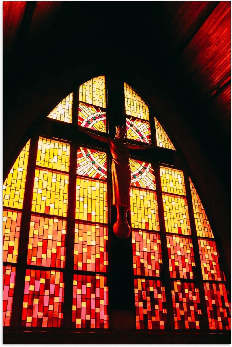 Poster – Glas in Lood Raam met Jezus in Kerk - 60x90cm Foto op Posterpapier
