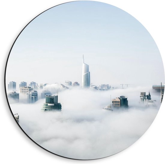 Dibond Wandcirkel - Gebouwen in de Wolken - 40x40cm Foto op Aluminium Wandcirkel (met ophangsysteem)