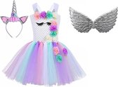 Unicorn Jurk - Eenhoorn Jurk - Wit - Maat 104/110 - Gratis Haarband + Vleugels - Verkleedkleren