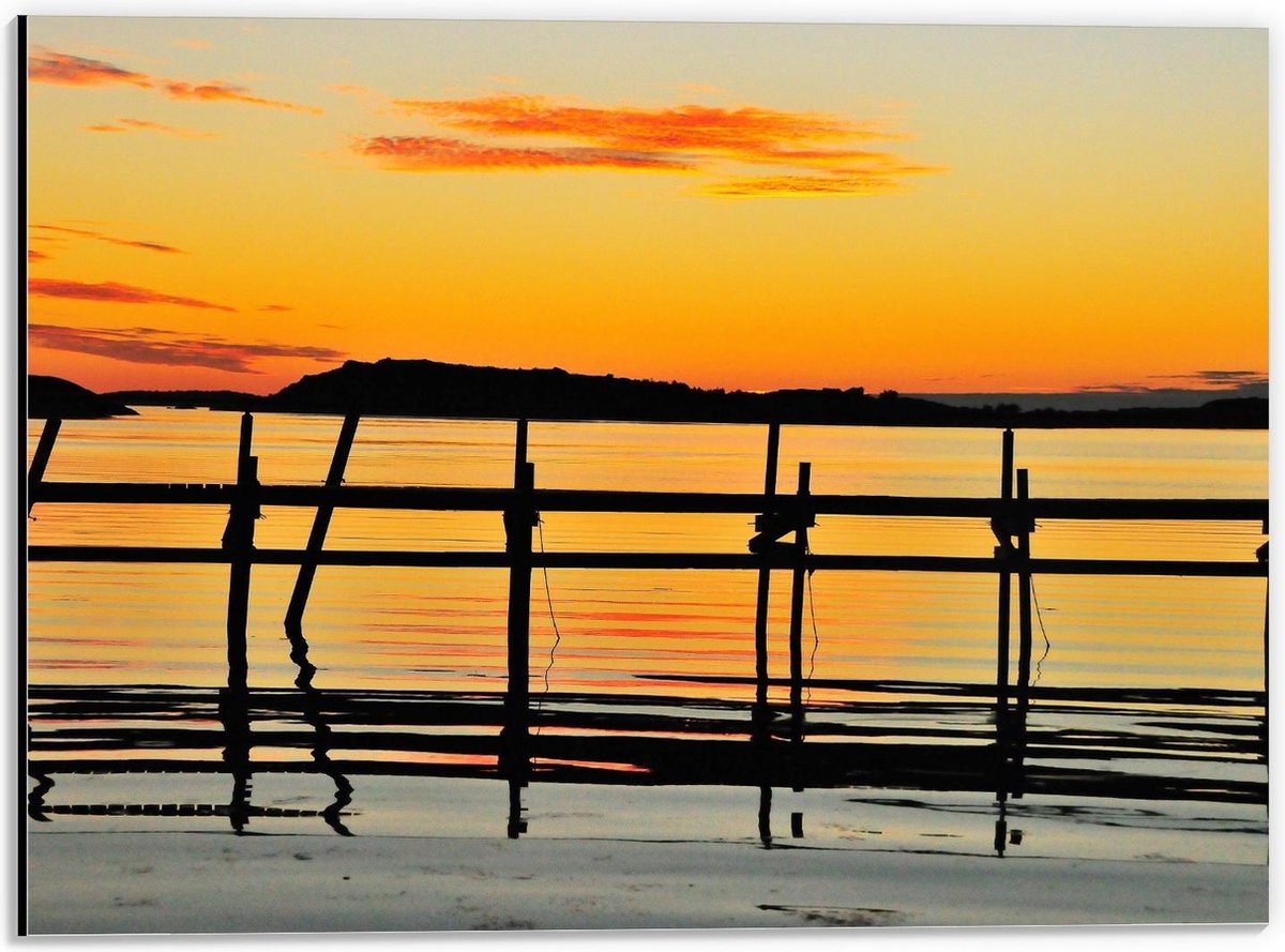Dibond - Houten Palen aan het Meer met Zon - 40x30cm Foto op Aluminium (Wanddecoratie van 