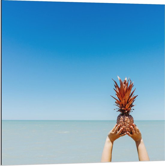 Dibond - Gouden Ananas in de Lucht  - 80x80cm Foto op Aluminium (Wanddecoratie van metaal)