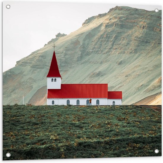 Tuinposter – Kerk tussen de Bergen  - 80x80cm Foto op Tuinposter  (wanddecoratie voor buiten en binnen)