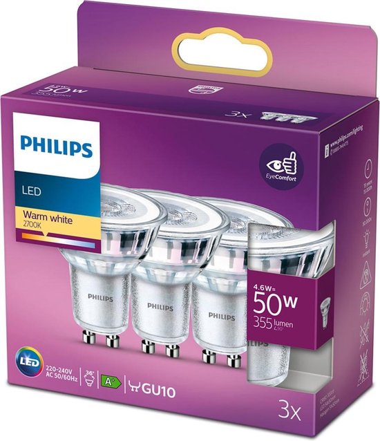 Philips Lighting LED-lamp Energielabel (A++ - E) GU10 W = 50 W Warmwit (Ø l) 50 50 stuk(s)