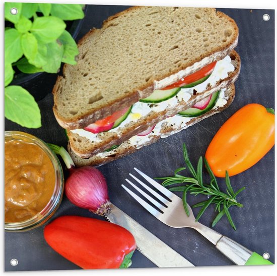 Tuinposter – Sandwich met Groente - 80x80cm Foto op Tuinposter  (wanddecoratie voor buiten en binnen)