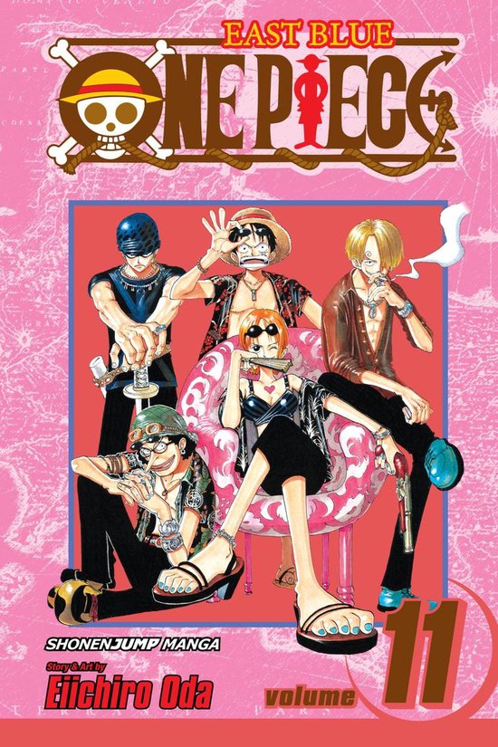 Couverture du tome 11 de One Piece avec Zoro, Luffy, Nami, Sanji et Usopp assis sur une chaise. East Blue.