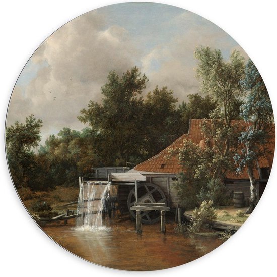 Dibond Wandcirkel - Oude Meesters - Een watermolen, Meindert Hobbema, ca. 1664 - 100x100cm Foto op Aluminium Wandcirkel (met ophangsysteem)